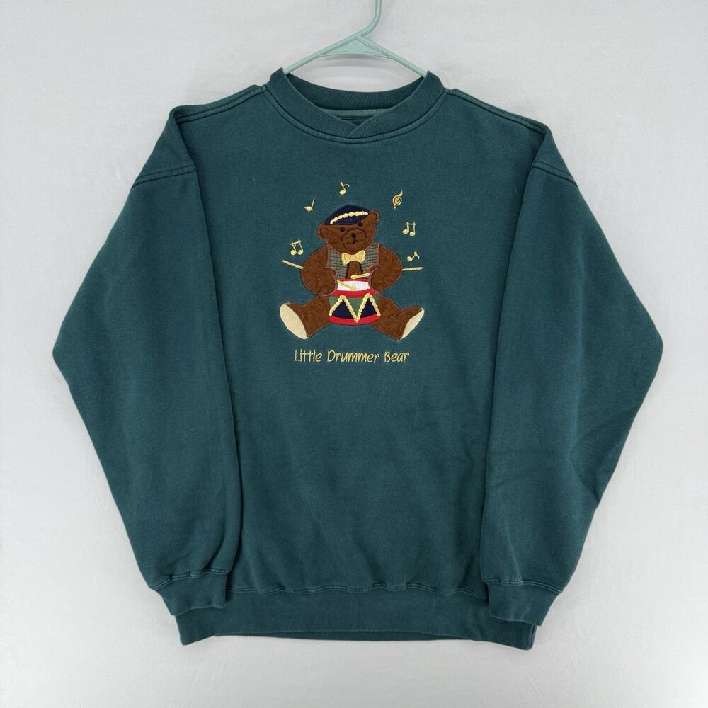 Vintage Embroidered Sweatshirt Little Drummer Bear Grandma Adult Large Green 90s